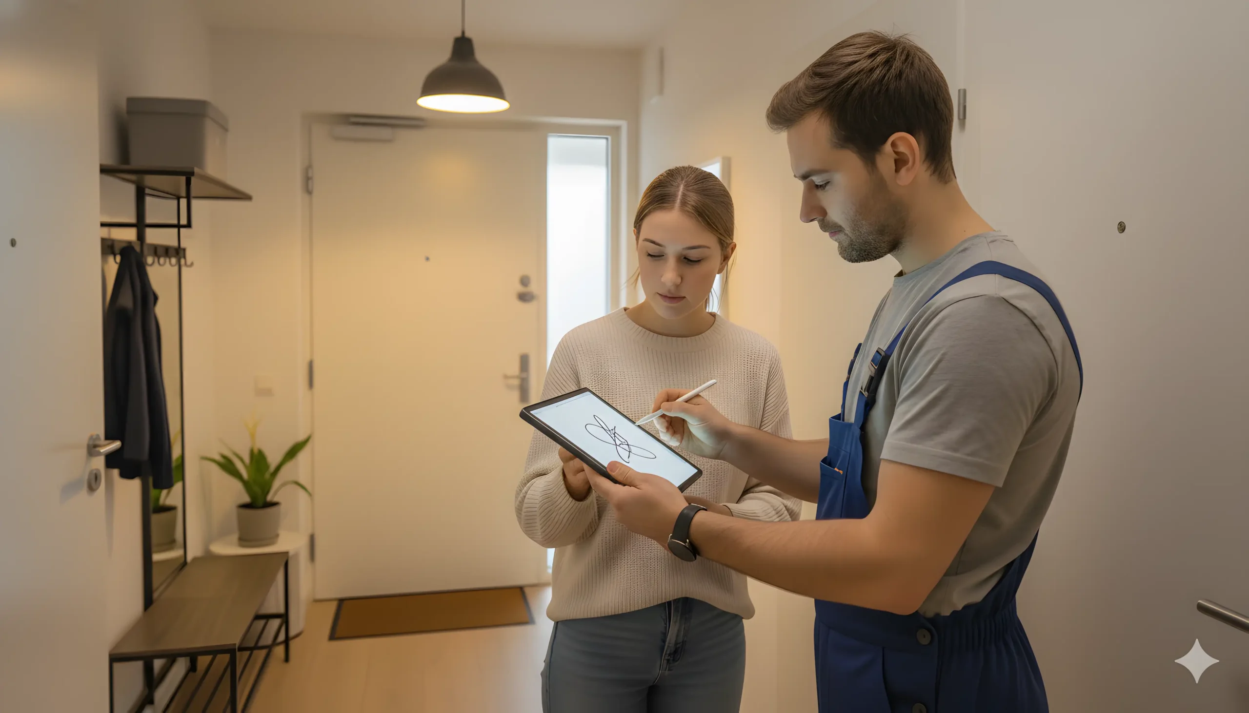 En reparatør i blå overalls holder en tablet, mens en kvinde i en beige sweater skriver på den i en moderne gang nær en åben dør.