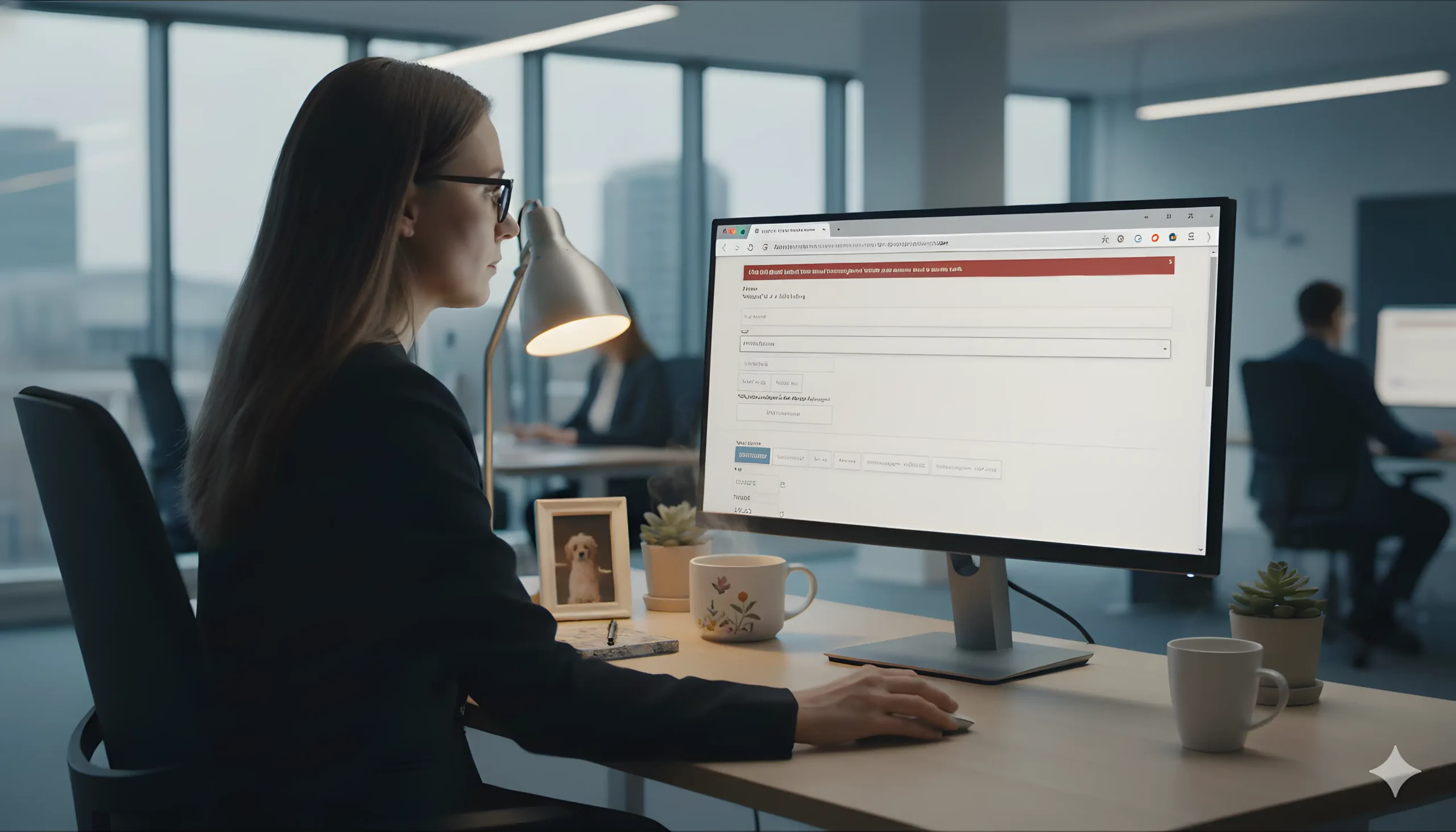 En kvinde i forretningstøj arbejder ved et skrivebord med en stor computerskærm, der viser en onlineformular og en rød fejlmeddelelse. På skrivebordet står et krus, en fotoramme med en hund, potteplanter og kontorartikler.