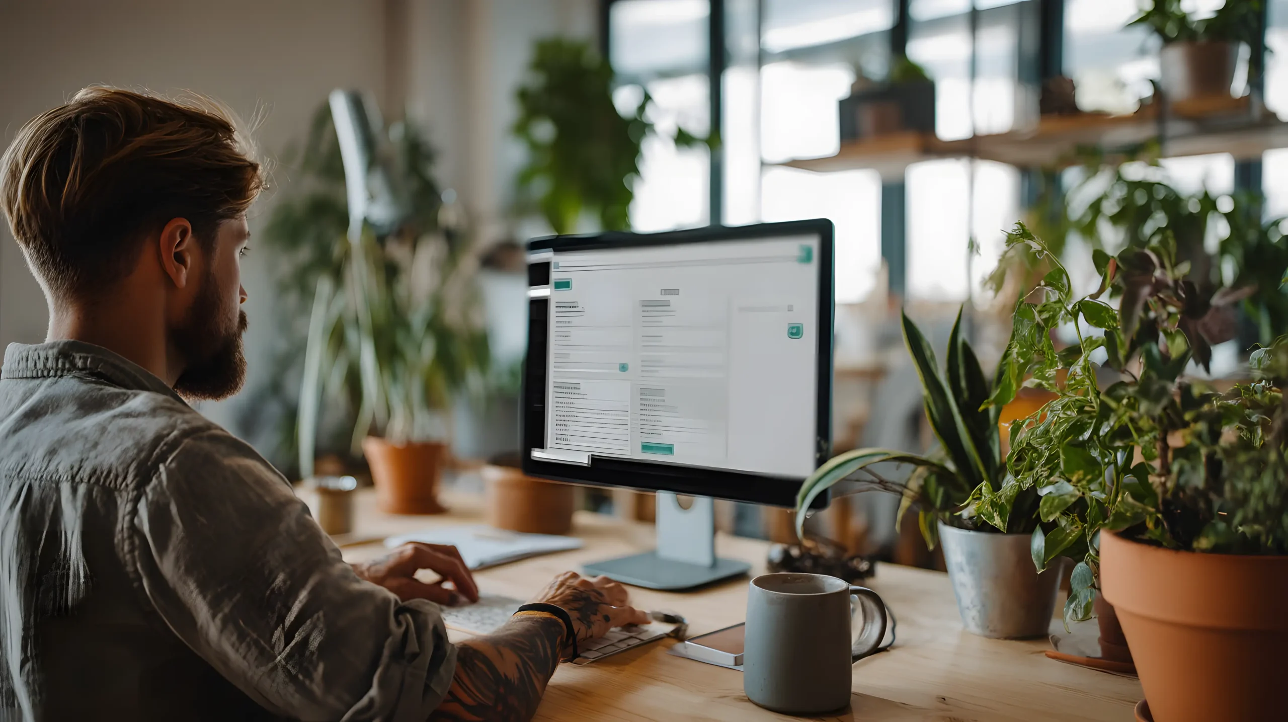 En person med skæg arbejder ved en computer i et lyst, moderne kontor fyldt med grønne potteplanter. Et kaffekrus og et tastatur står på træbordet, og store vinduer lukker naturligt lys ind.