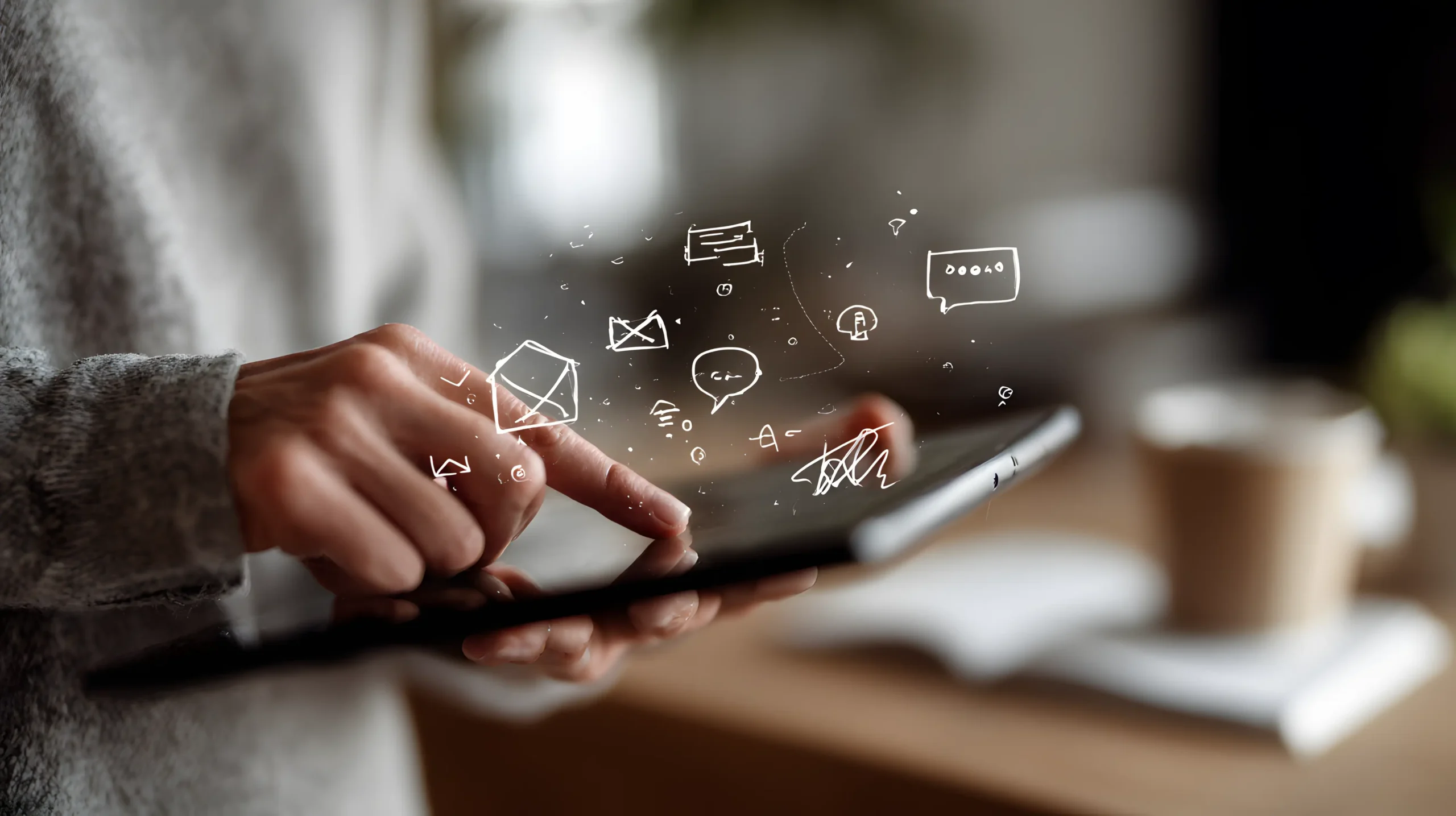 En person bruger en tablet med den ene hånd, mens digitale ikoner for e-mail, chat og beskeder vises over skærmen og symboliserer kommunikation og teknologi. En sløret kop og en notesbog ses i baggrunden.