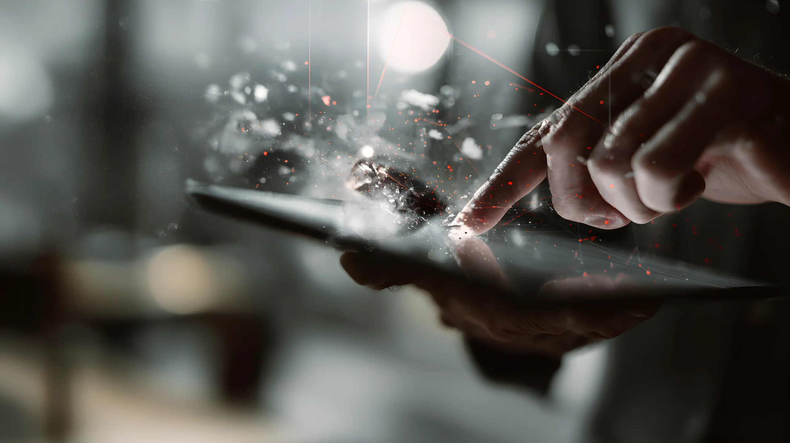 Et nærbillede af en persons hånd, der bruger en digital tablet, med lyse digitale effekter og lyspartikler, der udgår fra fingerspidsen, hvilket antyder teknologi og innovation.
