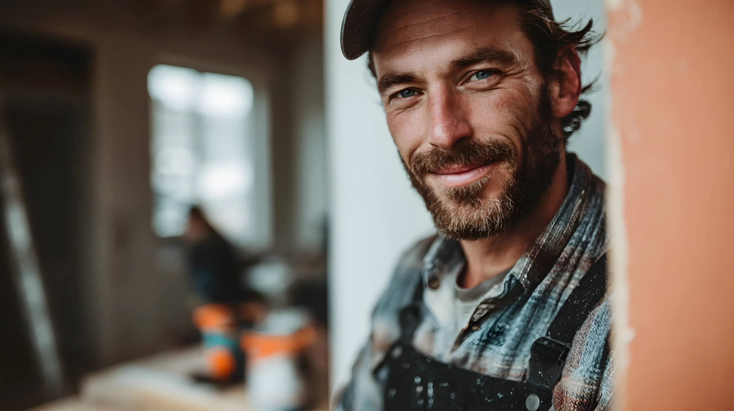 En skægget mand iført ternet skjorte, kasket og arbejdsforklæde smiler varmt til kameraet i et værksted med sløret værktøj og en anden person i baggrunden.