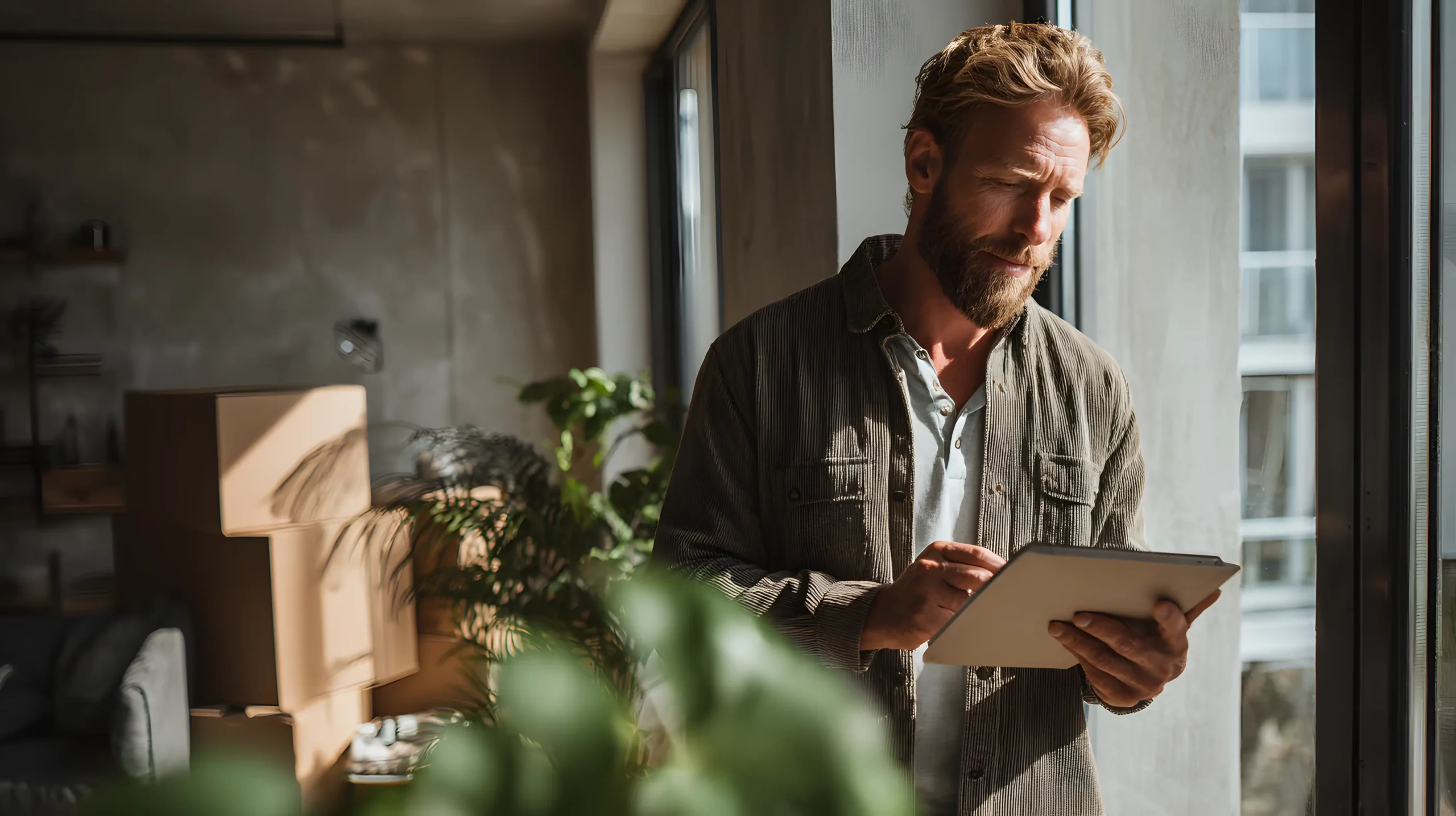 En mand med skæg står ved et stort vindue og kigger på og bruger en digital tablet. Flyttekasser og stueplanter er synlige i baggrunden, hvilket tyder på, at han befinder sig i et nyt eller nyligt organiseret hjem.