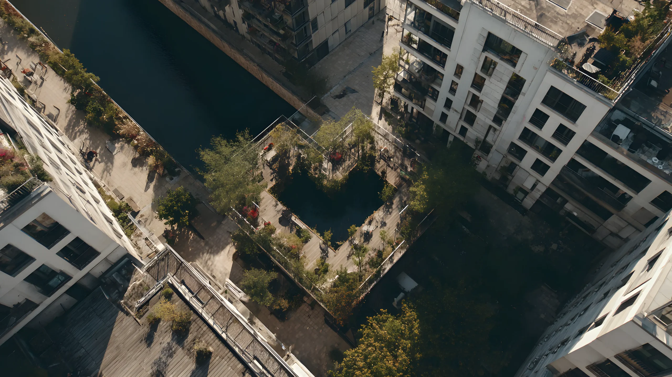 Luftfoto af en moderne bygård omgivet af høje hvide boligblokke med træer, planter og mennesker samlet i det grønne område nedenfor ved siden af en kanal.