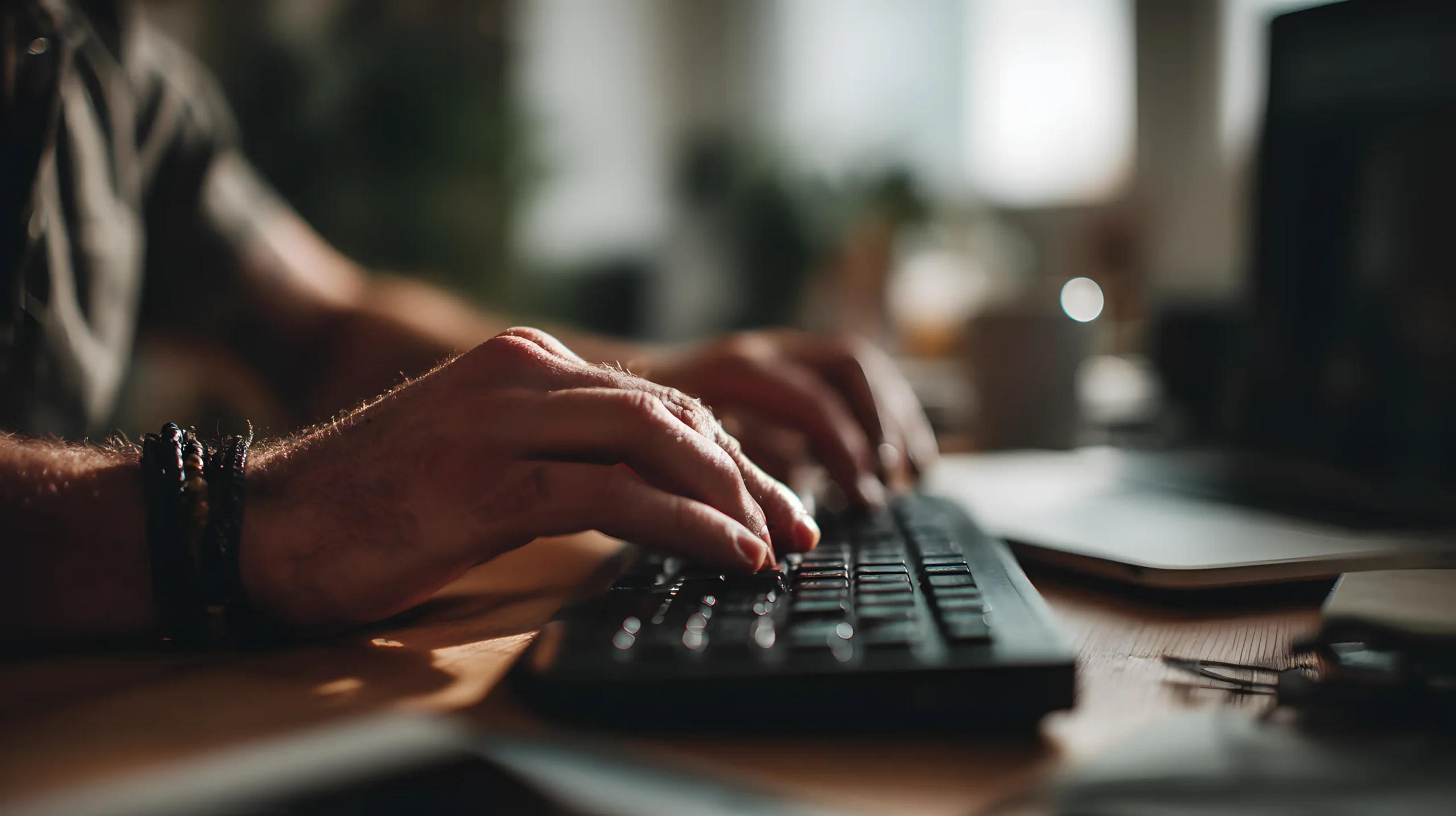 Nærbillede af en persons hænder, der skriver på et computertastatur ved et skrivebord, med blødt naturligt lys, der oplyser scenen og en sløret baggrund.