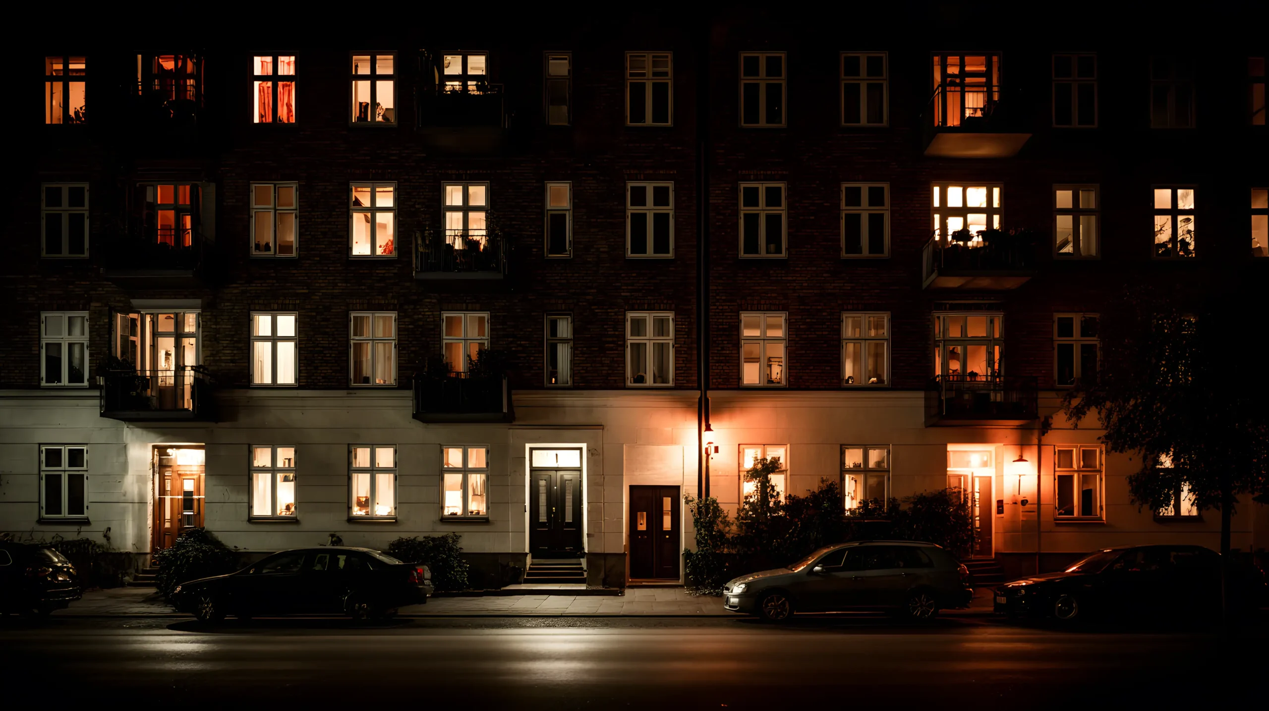 Et natligt billede af en beboelsesejendom med mange oplyste vinduer, der afslører glimt af interiøret. Flere biler er parkeret på gaden foran bygningen.