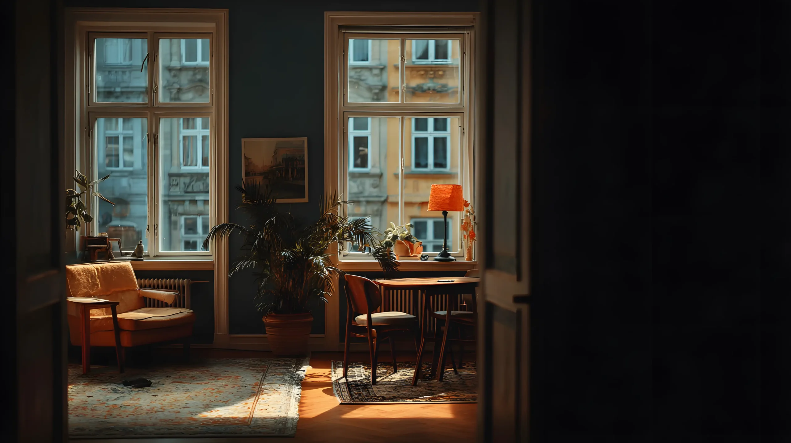 En hyggelig, solbeskinnet stue med store vinduer, en lænestol, et lille bord med to stole, potteplanter, en lampe og indrammede kunstværker. Varmt lys fylder rummet og fremhæver et mønstret tæppe på trægulvet.