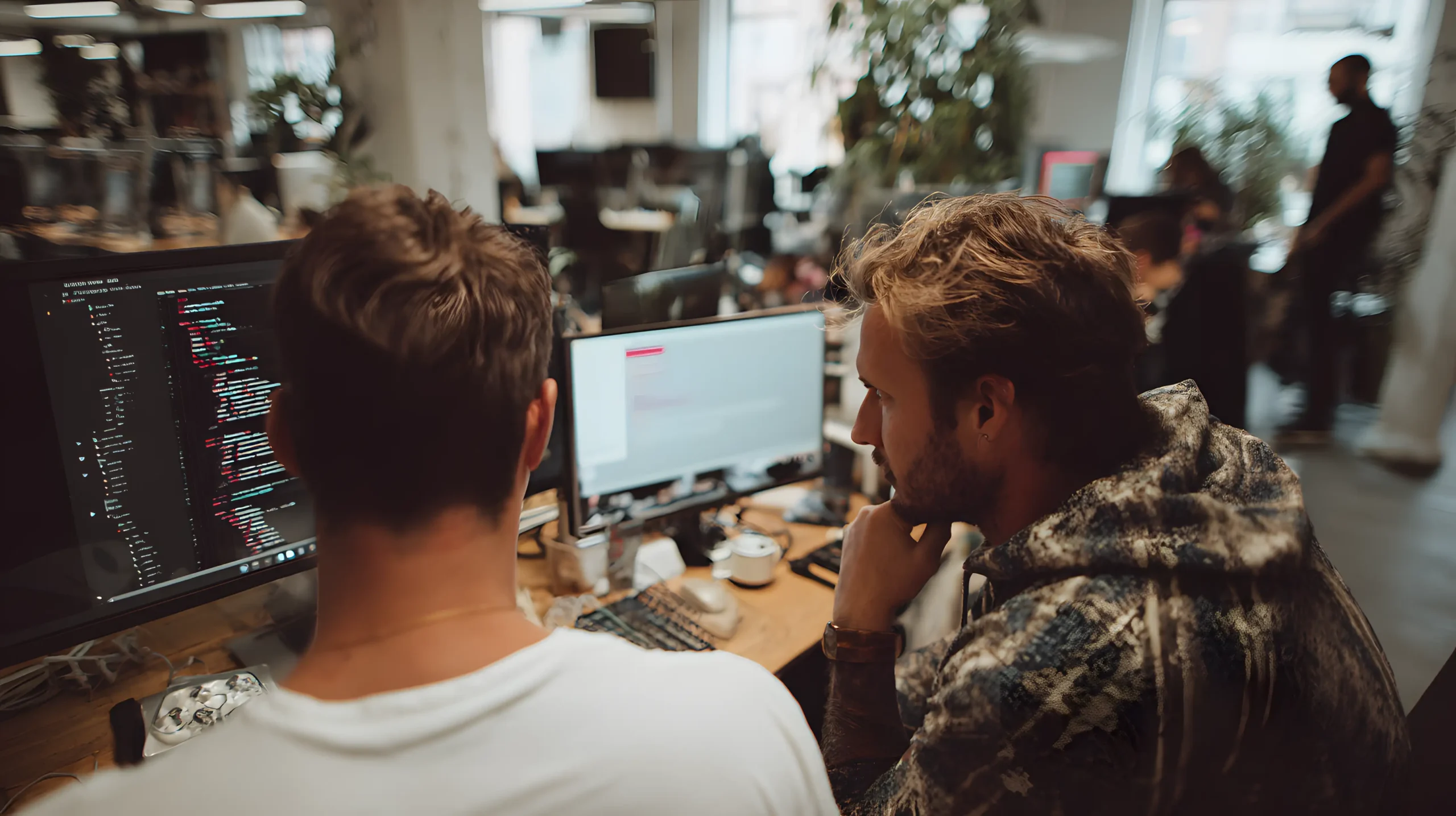To mænd sidder ved et skrivebord i et åbent kontorlandskab og kigger på computerskærme med kode. Den ene mand skriver, mens den anden observerer eftertænksomt. Baggrunden viser andre mennesker og skriveborde.