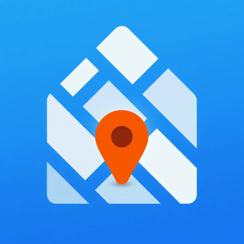 Et stiliseret kortikon med en rød lokationsnål i midten, overlejret på en geometrisk blå og hvid baggrund, der antyder navigation eller en kortapplikation.