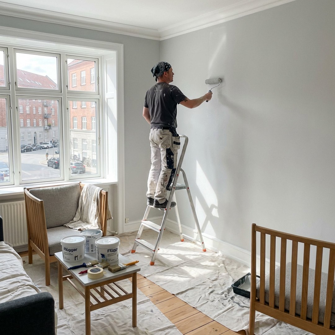 En person, der står på en stige, bruger en malerrulle til at male en lysegrå væg i en lys stue, mens malerdåser, pensler og afdækningsklude ligger på gulvet.