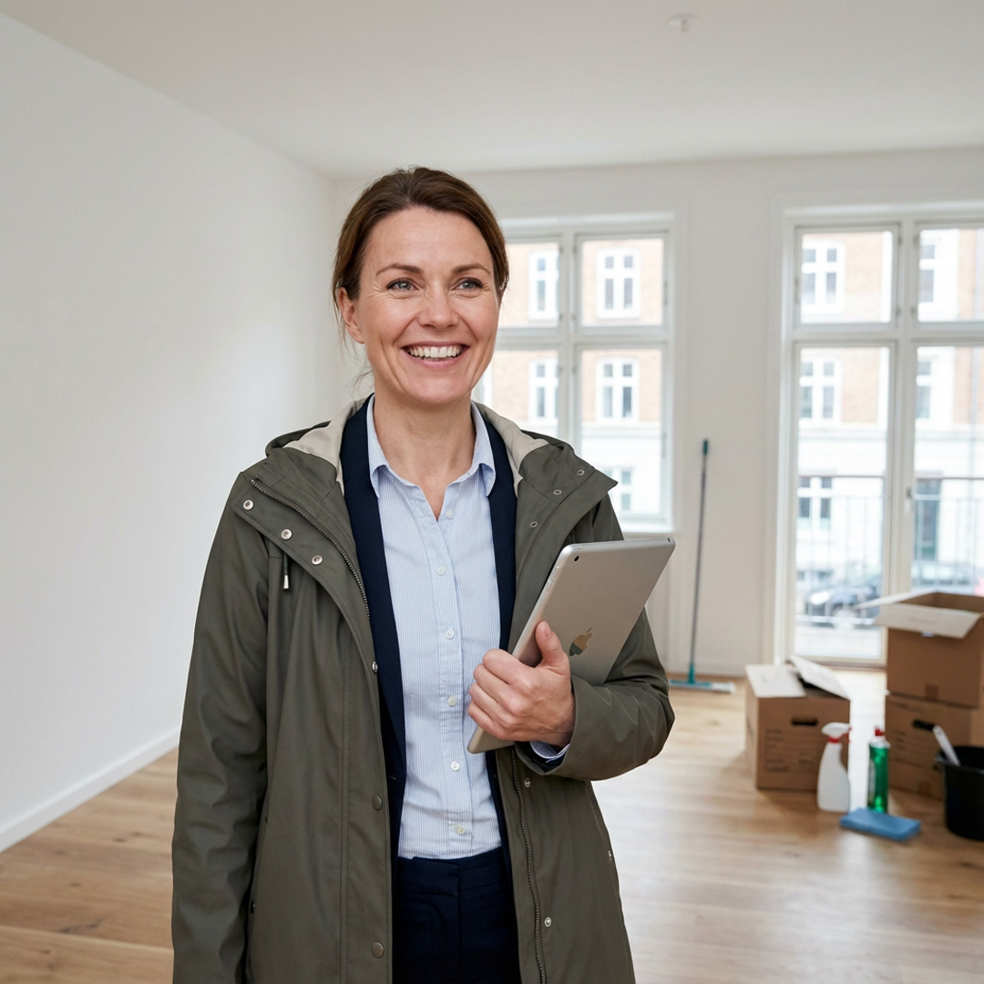 En smilende kvinde i forretningstøj og grøn frakke holder en tablet, mens hun står i et lyst, umøbleret rum med store vinduer og nogle flyttekasser og rengøringsartikler i baggrunden.